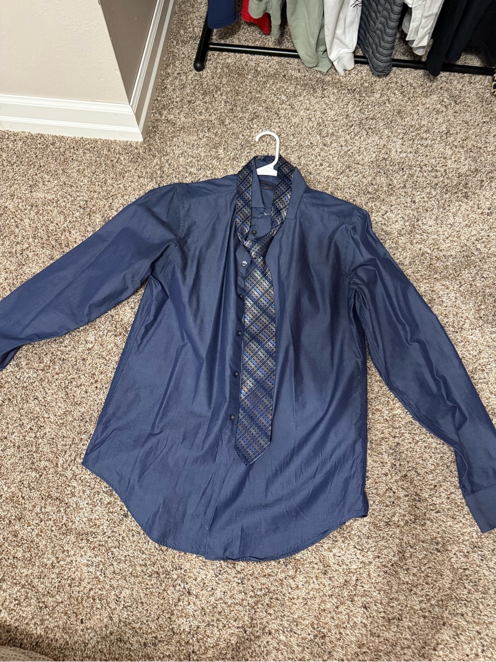 Calvin Klein Dark Blue Dress Shirt with Patterned Tie